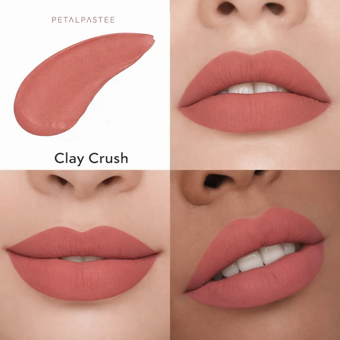 Clay Crush crayon lipstick shade swatch and lips on three skin tones