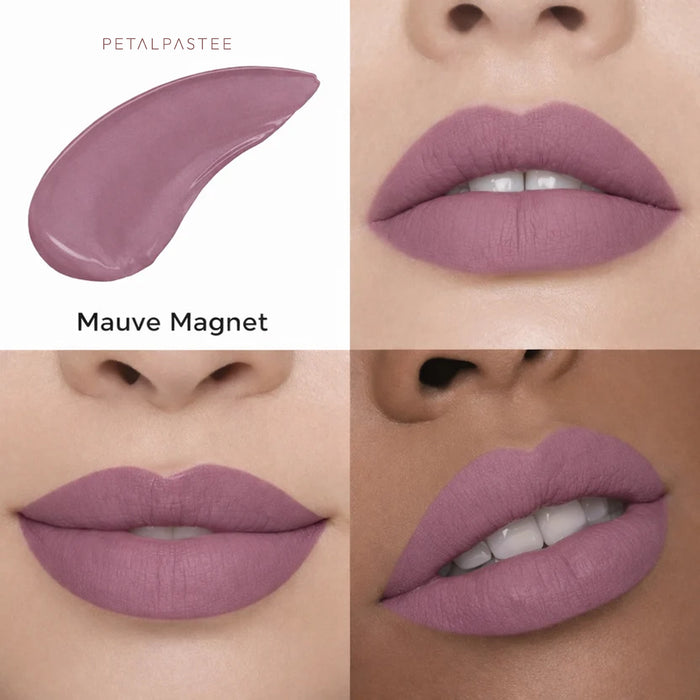 Mauve Magnet crayon lipstick shade swatch and lips on three skin tones