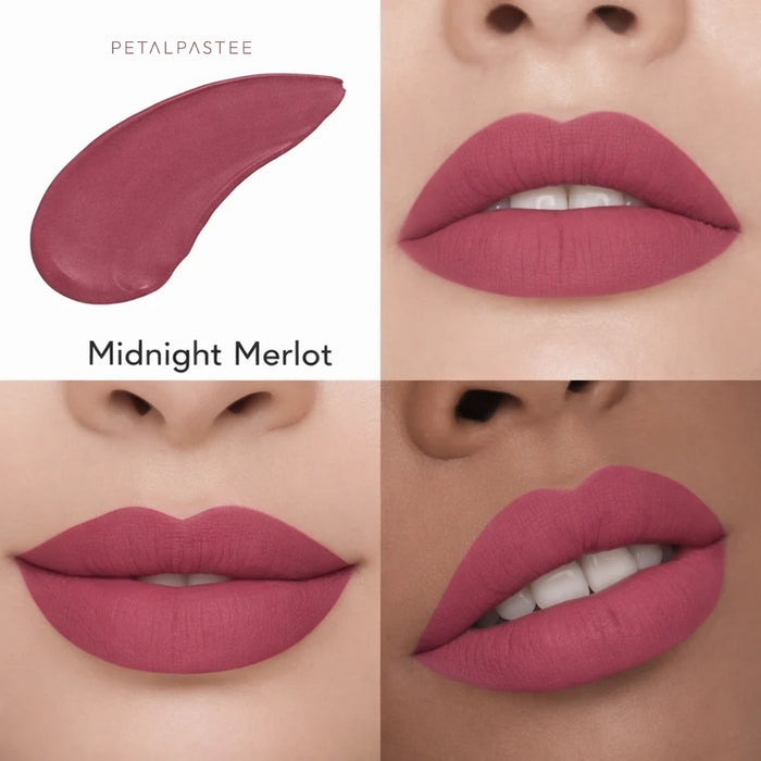 Midnight Merlot crayon lipstick shade swatch and lips on three skin tones