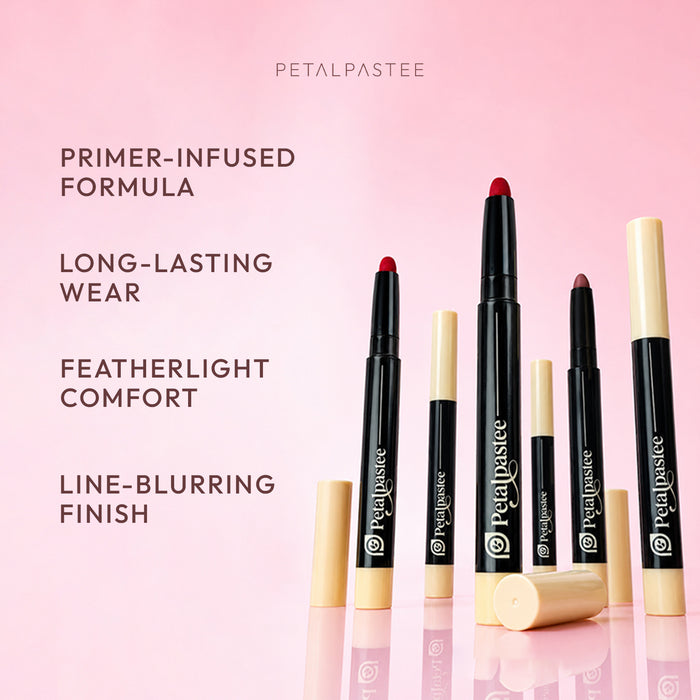 Crayon lipsticks: primer-infused formula, long-lasting wear, featherlight comfort, line-blurring finish
