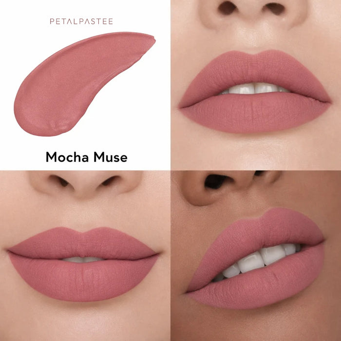 Mocha Muse crayon lipstick shade swatch and lips on three skin tones