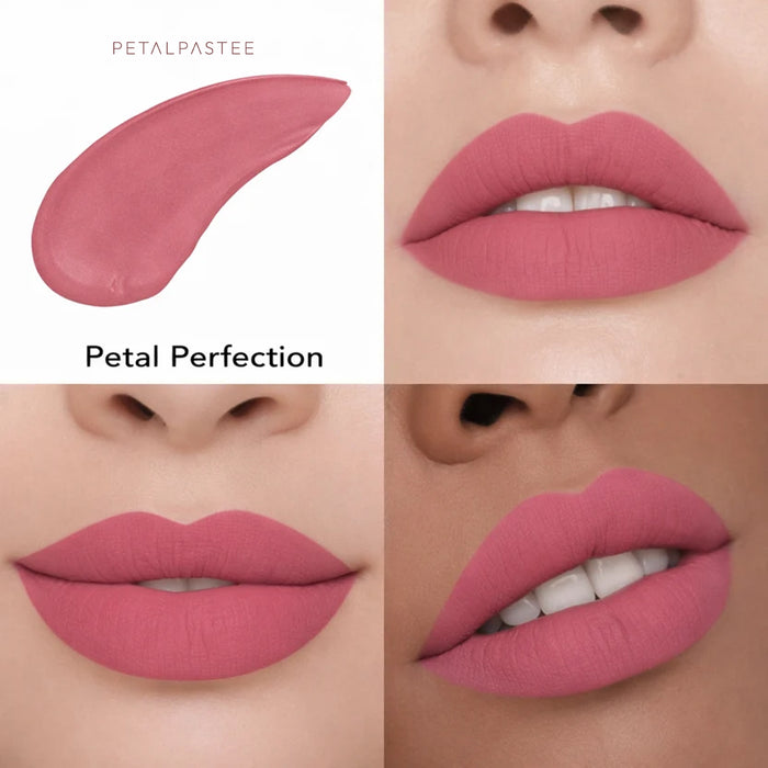 Petal Perfection crayon lipstick shade swatch and lips on three skin tones