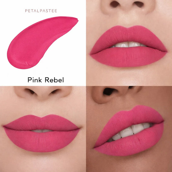Pink Rebel crayon lipstick shade swatch and lips on three skin tones