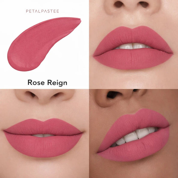 Rose Reign crayon lipstick shade swatch and lips on three skin tones