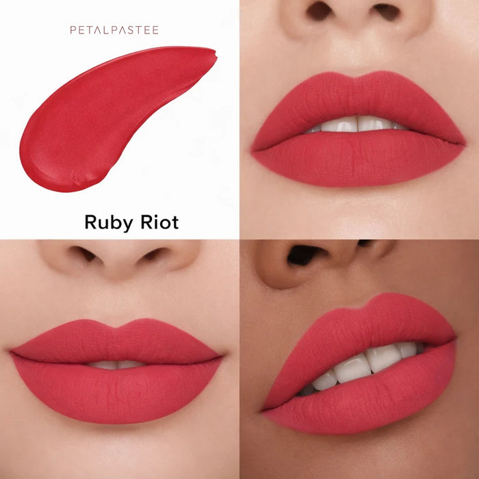 Ruby Riot crayon lipstick shade swatch and lips on three skin tones