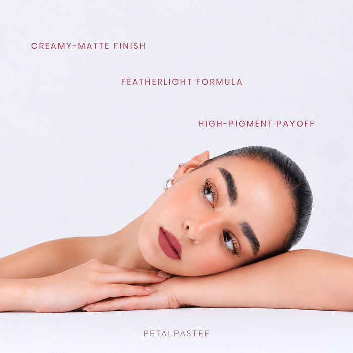 Model wearing Wood Kiss crayon lipstick: creamy-matte finish, featherlight formula, high-pigment payoff