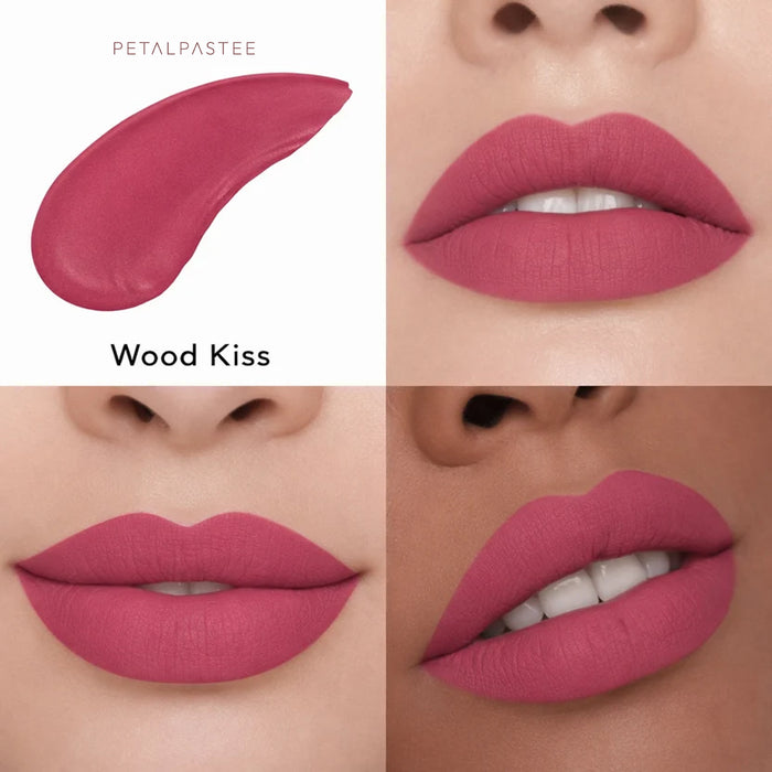 Wood Kiss crayon lipstick shade swatch and lips on three skin tones
