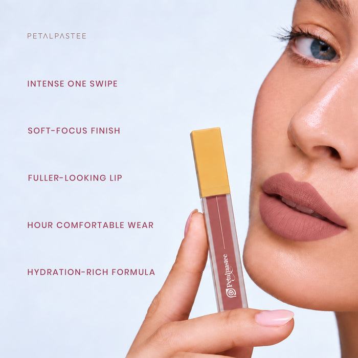 Model holding Crimson Luxe Bare Glow: intense one swipe, soft-focus finish, fuller-looking lip, comfortable wear, hydration-rich formula
