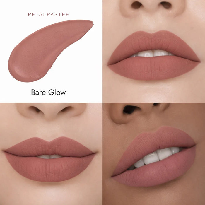 Crimson Luxe Bare Glow shade swatch and lips on three skin tones