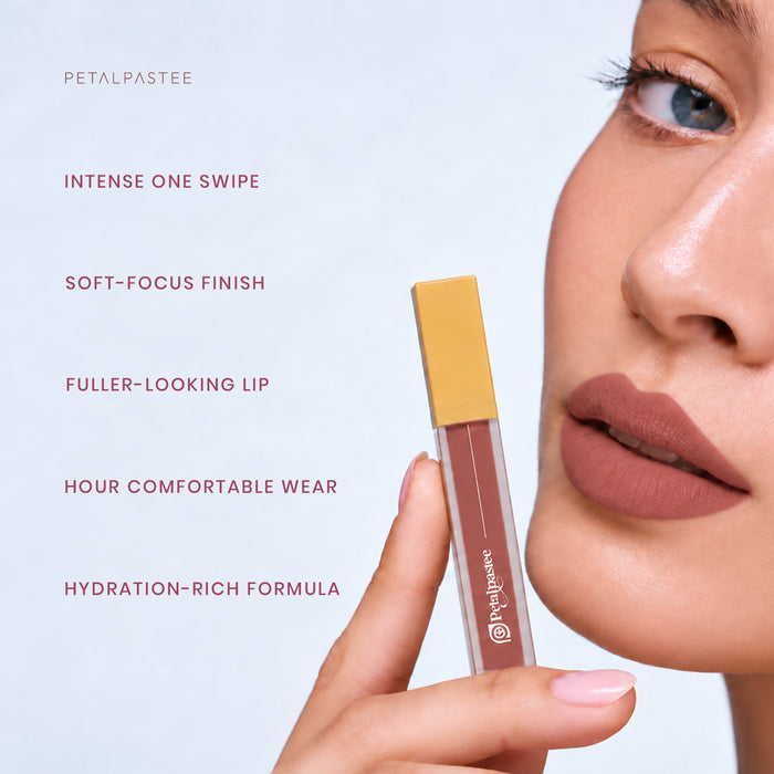 Model holding Crimson Luxe Brew Creme: intense one swipe, soft-focus finish, fuller-looking lip, comfortable wear, hydration-rich formula
