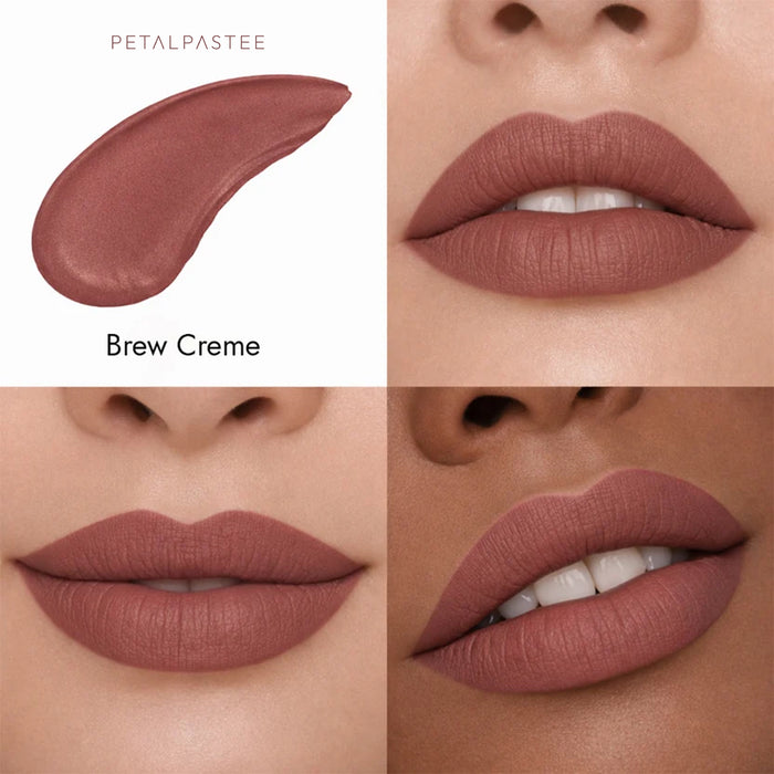 Crimson Luxe Brew Creme shade swatch and lips on three skin tones