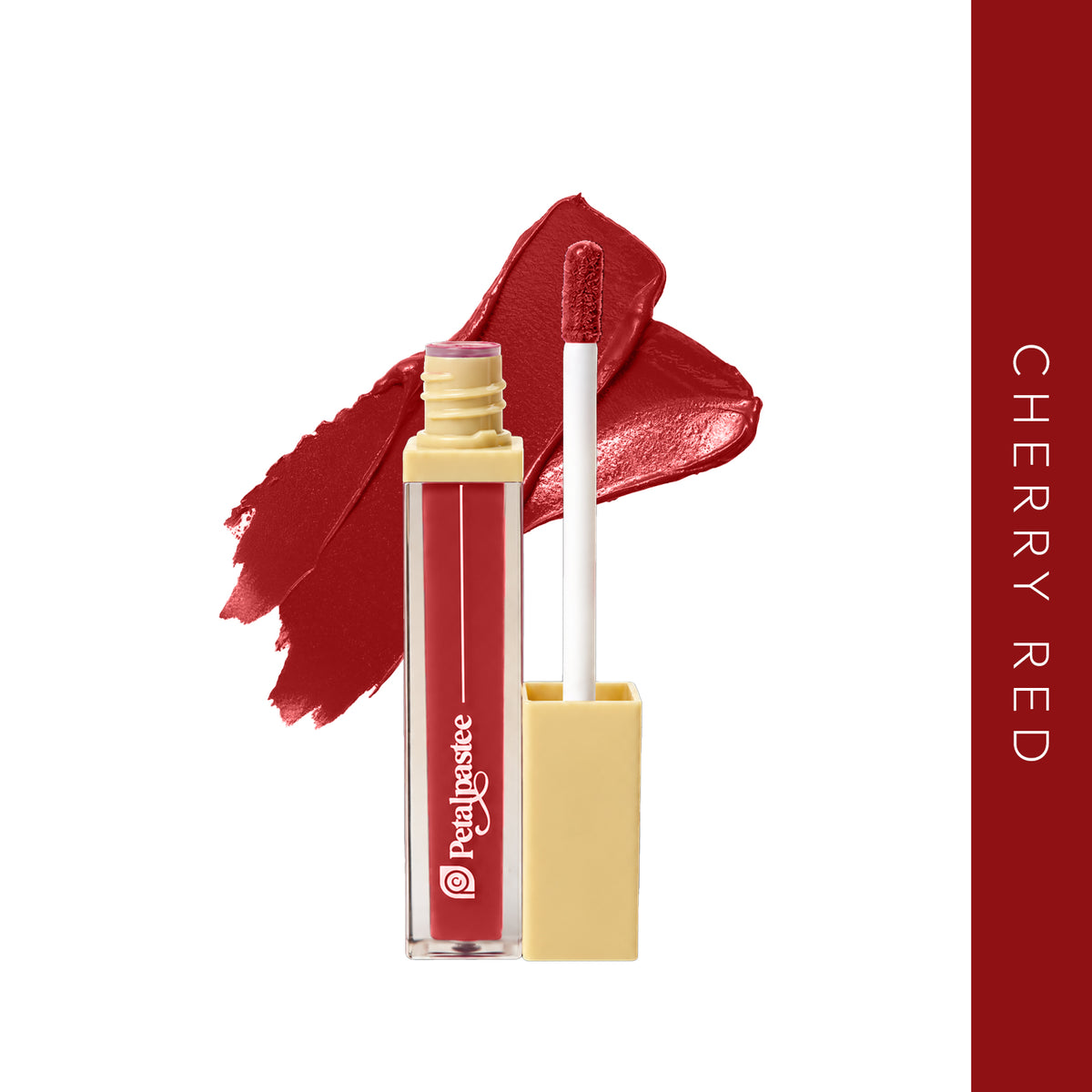Petalpastee Crimson Luxe liquid lipstick in Cherry Luxe with shade swatch