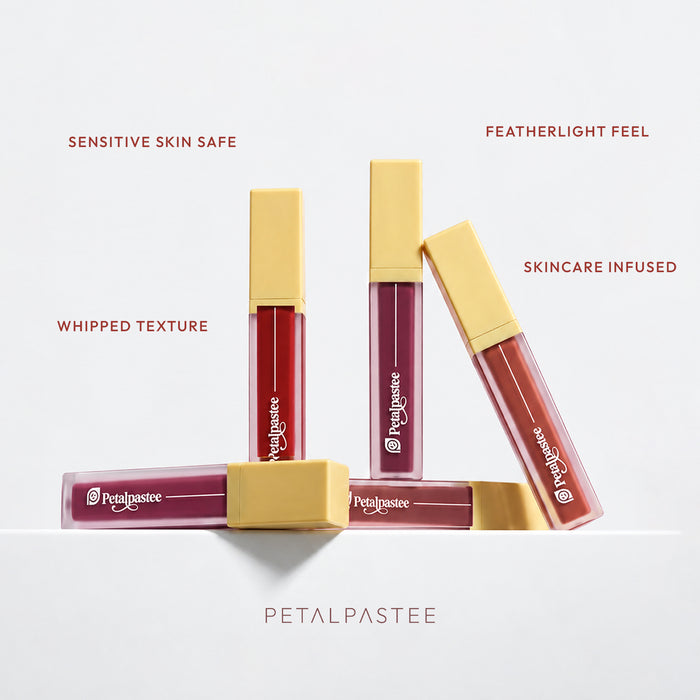 Crimson Luxe liquid lipsticks: sensitive skin safe, featherlight feel, skincare infused, whipped texture