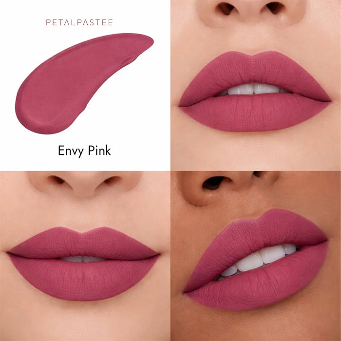 Crimson Luxe Envy Pink shade swatch and lips on three skin tones