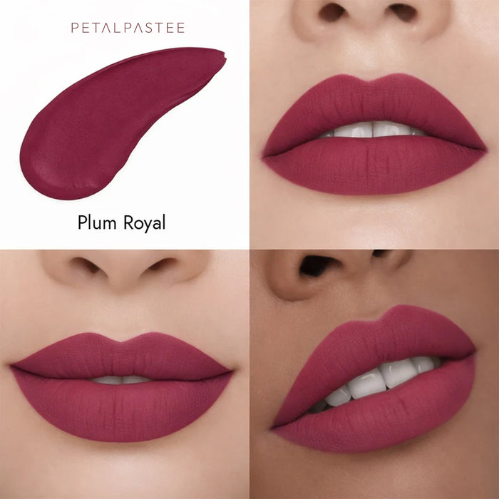 Crimson Luxe Plum Royal shade swatch and lips on three skin tones