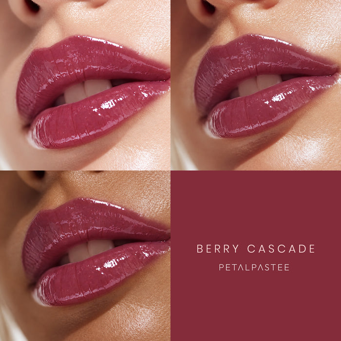 Glow Kiss Berry Cascade on lips across three skin tones
