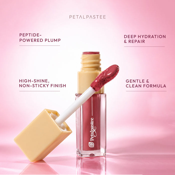 Glow Kiss Petal Wave open tube with applicator: peptide-powered plump, deep hydration and repair, high-shine non-sticky finish, gentle and clean formula