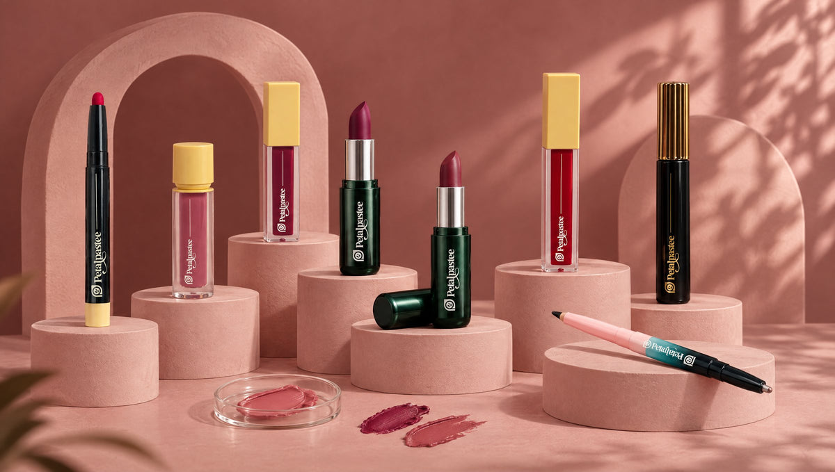 The Petalpastee range arranged on blush arches and plinths: Pout It Out, Mood Tint, Glow Kiss, In Her Prime, Glossed Over, Crimson Luxe, Dawn To Dusk and Wink It