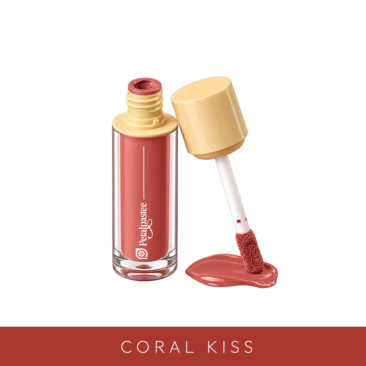 Petalpastee Mood Tint liquid blush in Coral Kiss with applicator and shade swatch