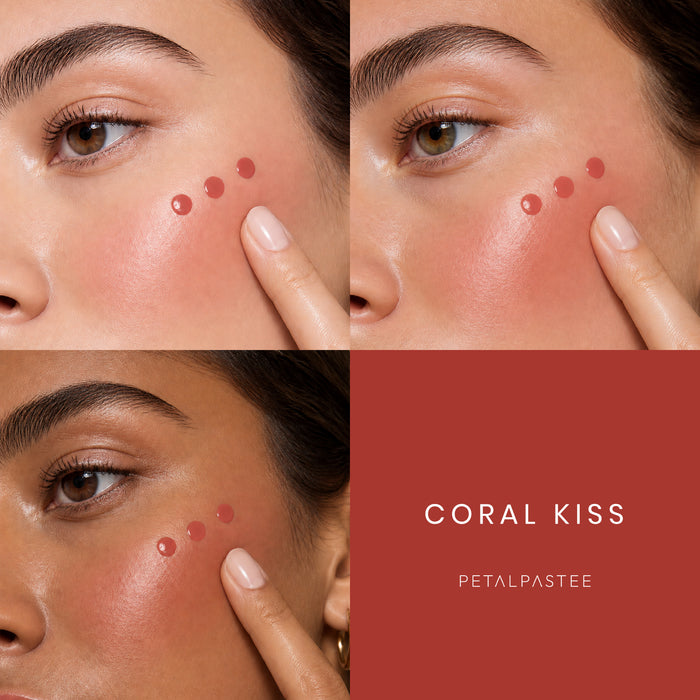 Mood Tint Coral Kiss blush on three skin tones