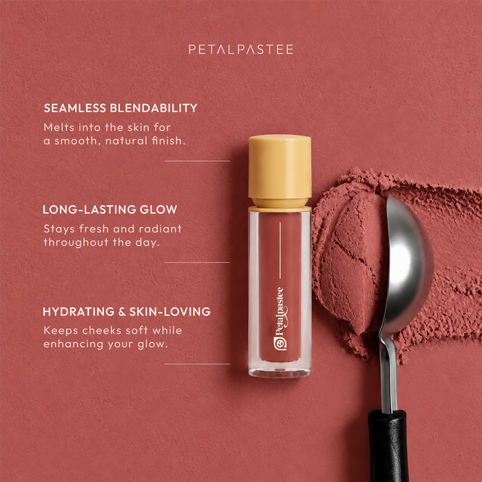 Mood Tint Coral Kiss bottle with blush texture: seamless blend, long-lasting glow, hydrating