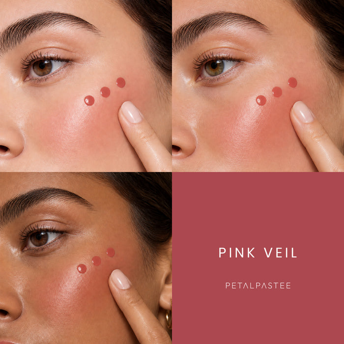 Mood Tint Pink Veil blush on three skin tones