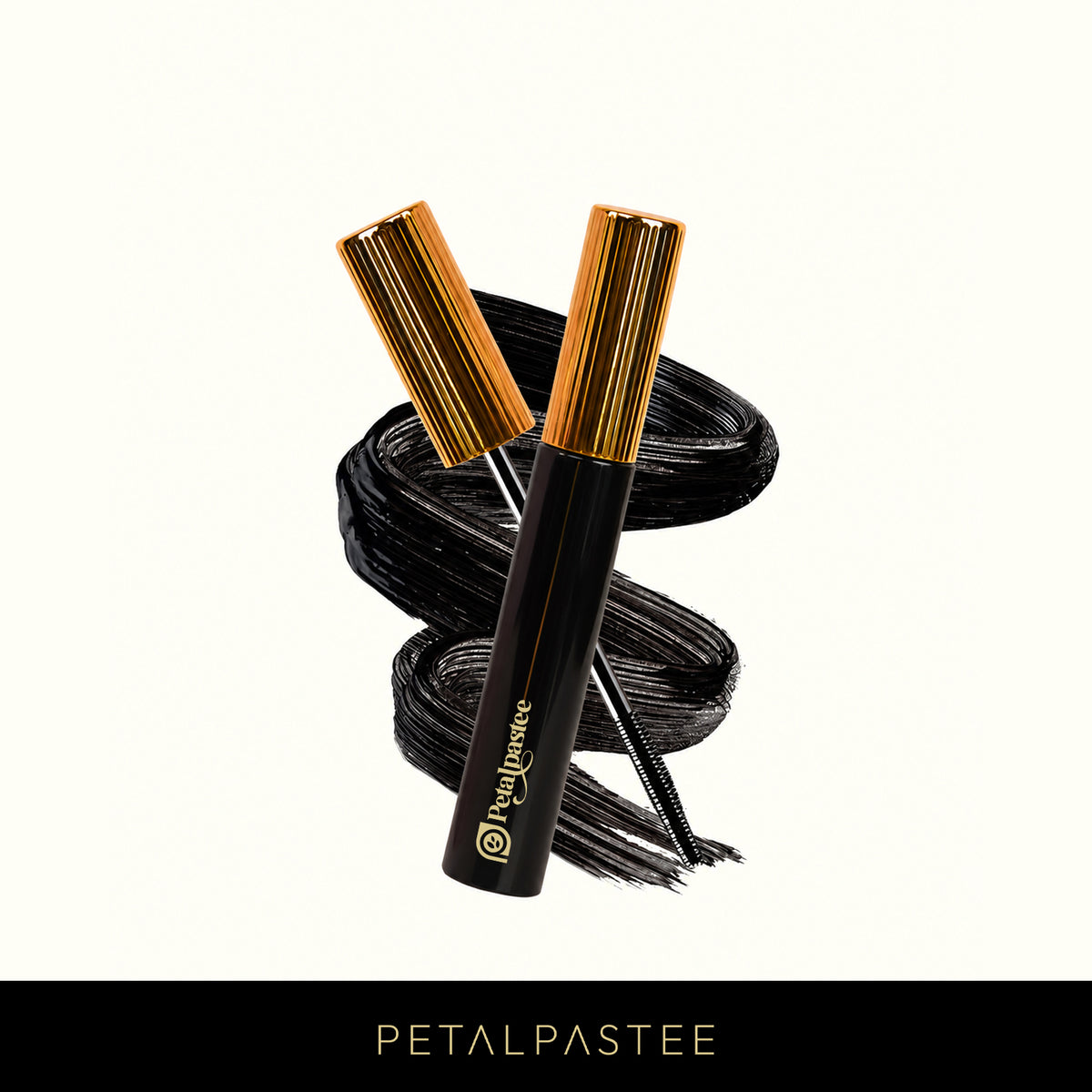 Wink It Ultra Black Mascara by Petalpastee, open tube and wand on a black mascara swirl